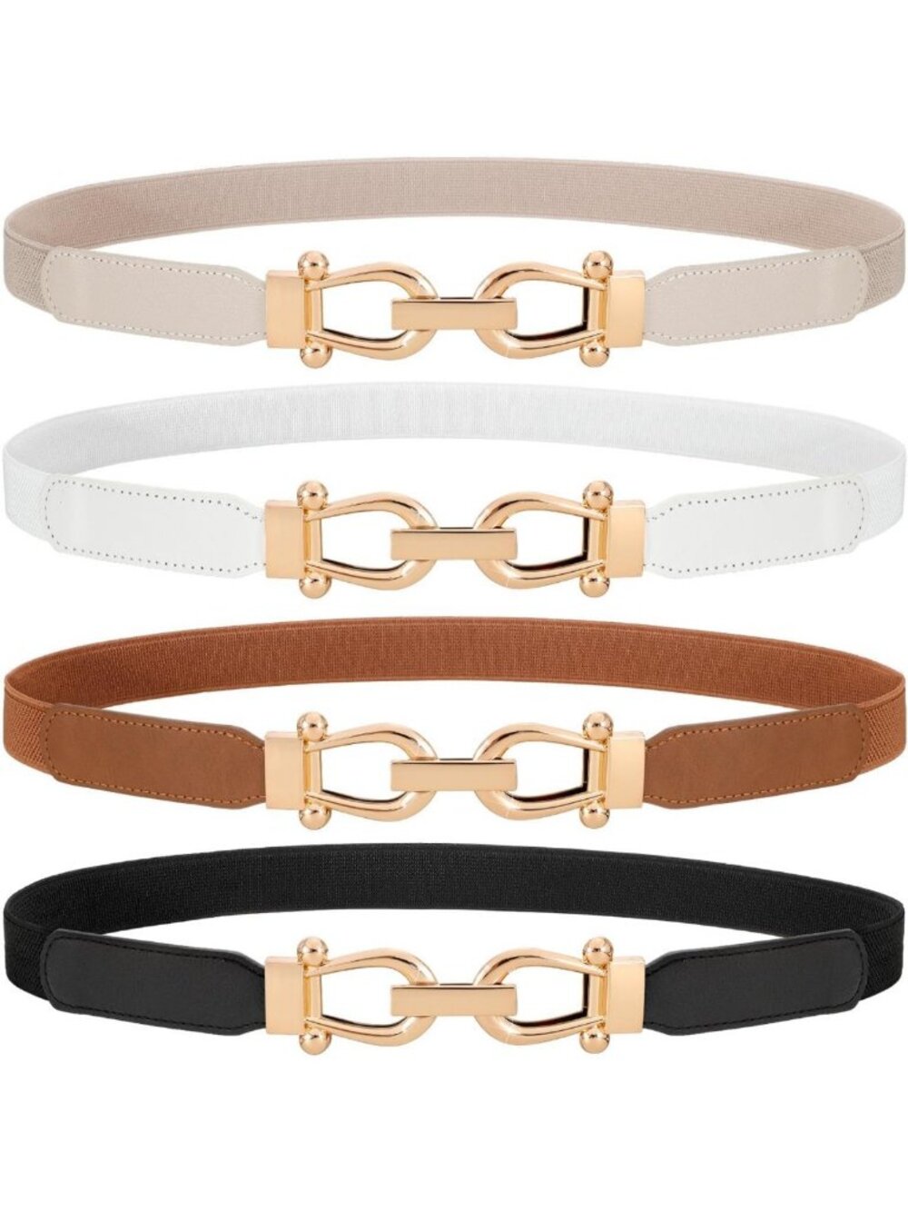 4 Pack Women's Skinny Elastic Waist Belts - Gold Buckle, Stretchy Thin Belts for